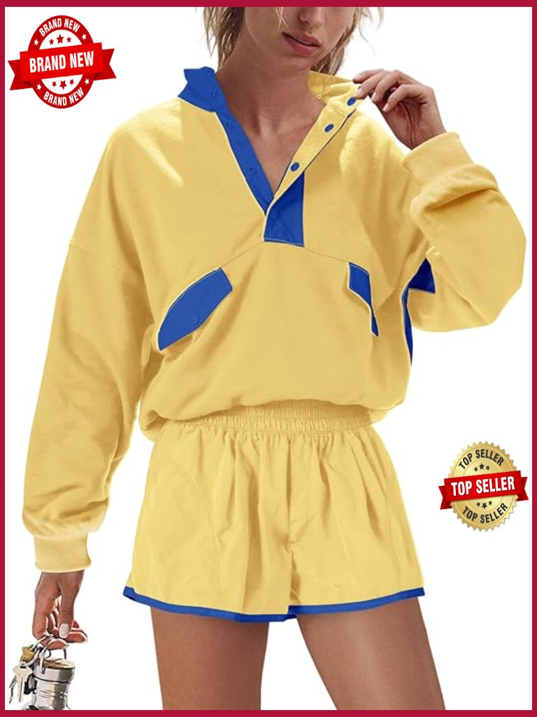 Workout Sets For Women 2 Piece Long Sleeve Top & Shorts With Pockets